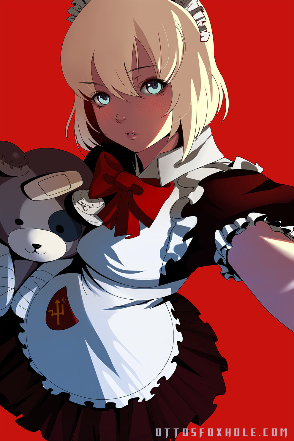1girl apron blonde_hair blue_eyes girls_und_panzer hammer_and_sickle highres katyusha lips looking_at_viewer maid maid_apron maid_headdress otto pleated_skirt red_background ribbon self_shot short_hair simple_background skirt solo stuffed_animal stuffed_toy teddy_bear watermark web_address
