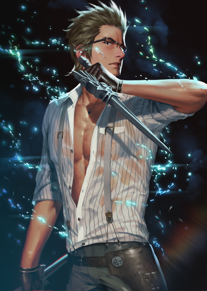 1boy arm_at_side belt belt_buckle black_background black_eyes black_gloves blonde_hair breast_pocket buckle buttons closed_mouth collarbone cowboy_shot dagger dress_shirt dual_wielding final_fantasy final_fantasy_xv glasses gloves grey_pants holding holding_weapon ignis_scientia jewelry light_particles long_sleeves looking_at_viewer male_focus necklace over-rim_glasses pants partially_unbuttoned pendant penguin_frontier pocket red_lips see-through semi-rimless_glasses serious shirt simple_background sleeves_past_elbows sleeves_pushed_up spiky_hair standing striped striped_shirt suspenders vertical-striped_shirt vertical_stripes weapon wet wet_clothes wet_shirt