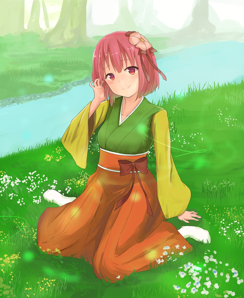 1girl arm_support bangs blush closed_mouth collarbone day flower forest full_body grass hair_between_eyes hair_flower hair_ornament hakama hieda_no_akyuu japanese_clothes kimono long_sleeves looking_at_viewer nature nise_(__nise6__) outdoors pink_hair red_eyes river short_hair sitting smile socks solo touhou wariza white_legwear wide_sleeves