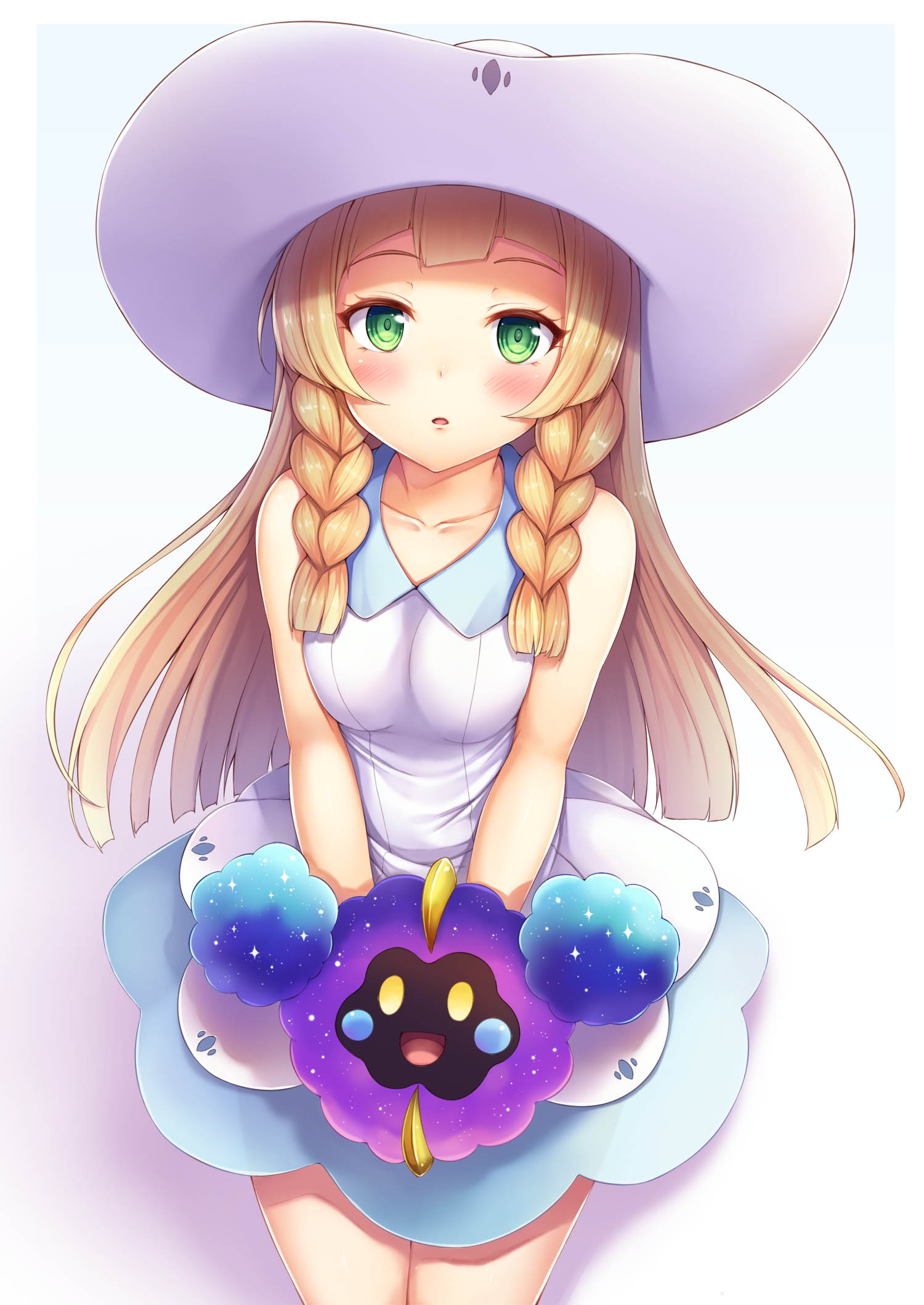 1girl :o bangs bare_arms bare_shoulders blunt_bangs blush braid breasts collarbone cosmog covering covering_crotch cropped_legs dress green_eyes hat highres lillie_(pokemon) long_hair looking_at_viewer open_mouth pokemon pokemon_(game) pokemon_sm simple_background skirt sleeveless sleeveless_dress snowcanvas solo sun_hat twin_braids white_background white_dress white_hat