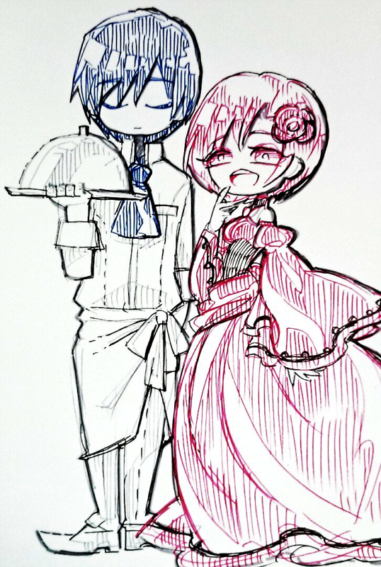 1boy 1girl akujiki_musume_conchita_(vocaloid) apron blue_hair chef chef_uniform chibi choker cloche_(tableware) closed_eyes closed_mouth corset covering_mouth detached_sleeves dress evil_smile evillious_nendaiki flower frilled_dress frills hair_flower hair_ornament hand_on_own_chin holding holding_plate kaito long_dress meiko monochrome nagori neckerchief open_mouth plate red_dress red_eyes redhead scribble serving_dome short_hair size_difference smile traditional_media tray vocaloid waist_apron