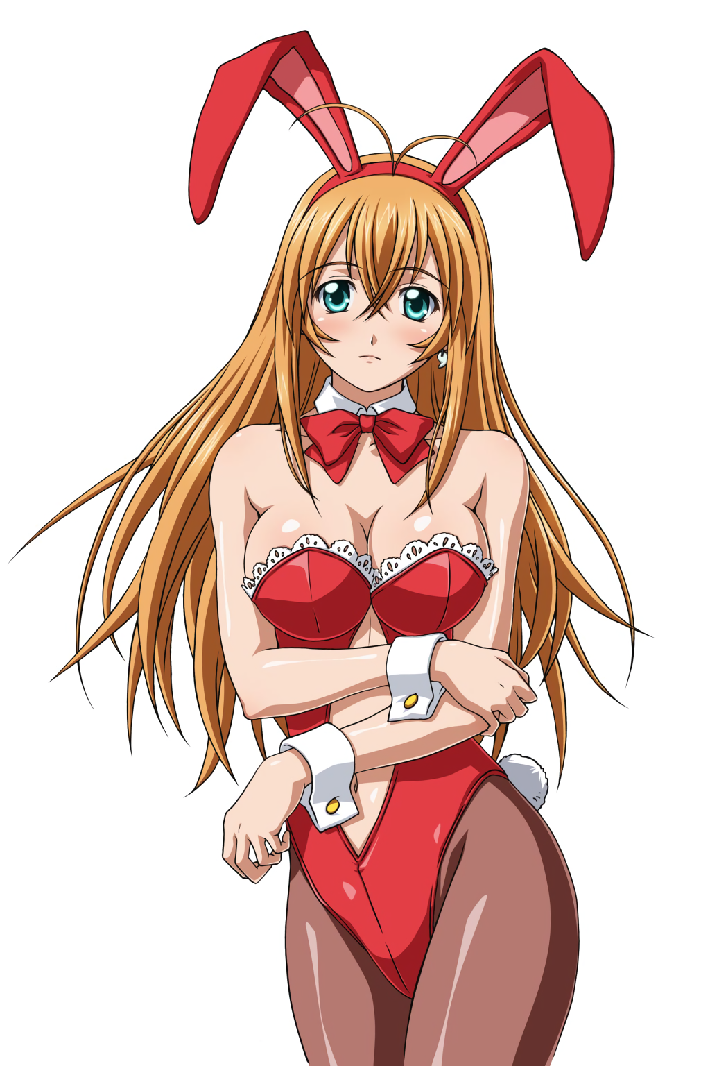 animal_ears antenna_hair aqua_eyes bare_shoulders bow bowtie breasts bunny_girl bunny_tail bunnysuit cleavage cowboy_shot crossed_bangs detached_collar fake_animal_ears highres ikkitousen leotard long_hair looking_at_viewer navel navel_cutout official_art orange_hair pantyhose rabbit_ears simple_background sonsaku_hakufu tail white_background wrist_cuffs