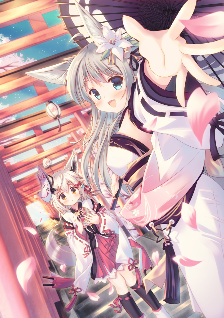 2girls animal_ears bangs black_legwear blue_eyes blue_sky blush brown_eyes day detached_sleeves dutch_angle eyebrows_visible_through_hair flower fox_ears fox_girl fox_mask fox_tail grey_hair hair_flower hair_ornament hakama_skirt kneehighs lily_(flower) long_hair looking_at_viewer mask misaki_yuu_(dstyle) multiple_girls nontraditional_miko original outdoors outstretched_arm outstretched_hand petals pleated_skirt red_skirt ribbon-trimmed_legwear ribbon_trim sash shrine silver_hair skirt sky smile tail torii white_flower