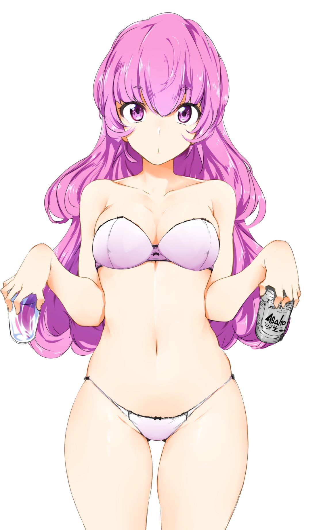 1girl asahi_breweries bangs bare_shoulders beer_can bra breasts can cleavage cowboy_shot cup eyebrows_visible_through_hair hair_between_eyes hands_up highres hips holding holding_can holding_cup holding_glass long_hair looking_at_viewer manabebebe navel pink_eyes pink_hair pursed_lips simple_background solo strapless strapless_bra thighs tokyo_7th_sisters underwear underwear_only wavy_hair white_background yusa_memoru