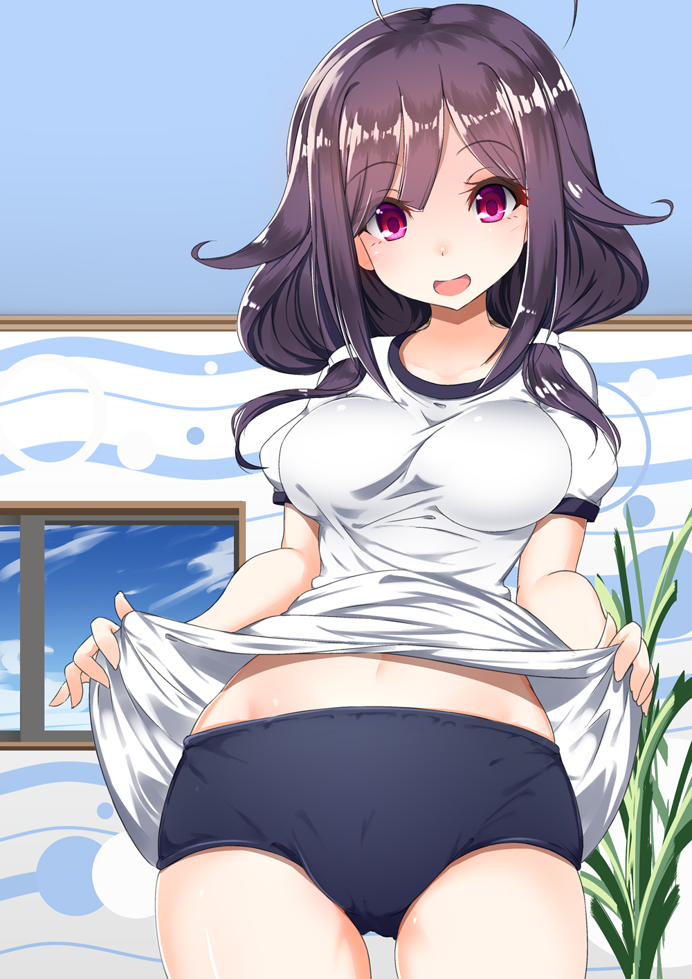 1girl alternate_costume blue_sky breasts buruma gym_uniform highres inu3 kantai_collection long_hair looking_at_viewer low_twintails open_mouth plant purple_hair red_eyes shirt shirt_lift short_sleeves sky solo taigei_(kantai_collection) twintails window