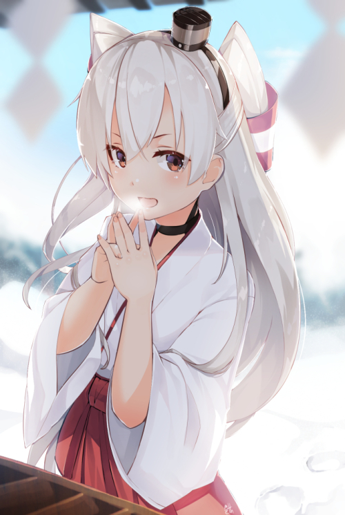 1girl amatsukaze_(kantai_collection) blonde_hair blurry box brown_eyes choker commentary_request depth_of_field donation_box hair_tubes hairband hakama hands_together hat japanese_clothes kantai_collection long_hair long_sleeves looking_at_viewer meth_(emethmeth) miko mini_hat open_mouth red_hakama shide smile solo steaming_breath twintails wide_sleeves