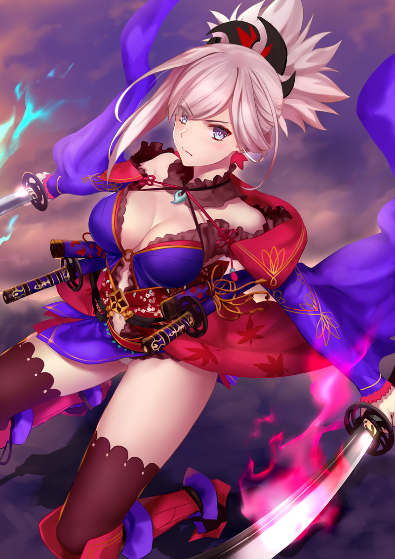 1girl blue_eyes breasts cleavage dual_wielding earrings fate/grand_order fate_(series) folded_ponytail japanese_clothes jewelry jilllxlxl katana large_breasts magatama midriff miyamoto_musashi_(fate/grand_order) navel navel_cutout panties pantyshot solo sword underwear weapon