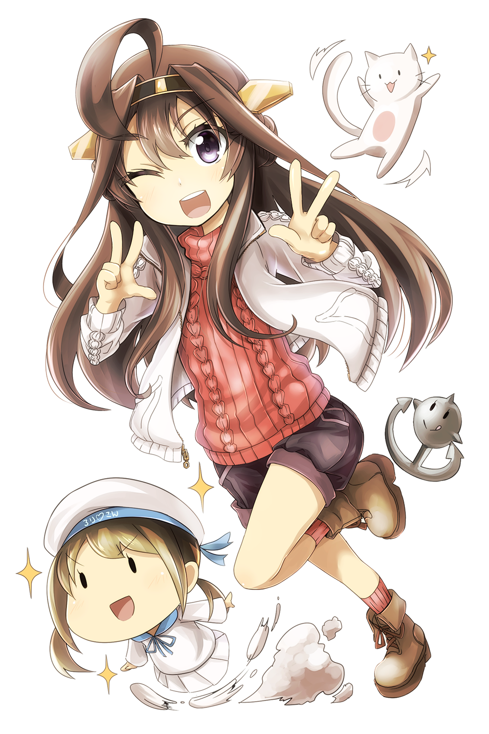 2girls :d ahoge alternate_costume anchor batsubyou blonde_hair brown_hair brown_shoes casual cat coat double_v error_musume girl_holding_a_cat_(kantai_collection) grey_eyes hairband hat highres kantai_collection kneehighs kongou_(kantai_collection) long_hair long_sleeves looking_at_viewer multiple_girls neckerchief one_eye_closed open_mouth pleated_skirt ribbed_sweater sailor_collar sailor_hat school_uniform serafuku shoes shorts simple_background skirt smile standing standing_on_one_leg sweater tom_(drpow) v white_background white_skirt winter_clothes winter_coat