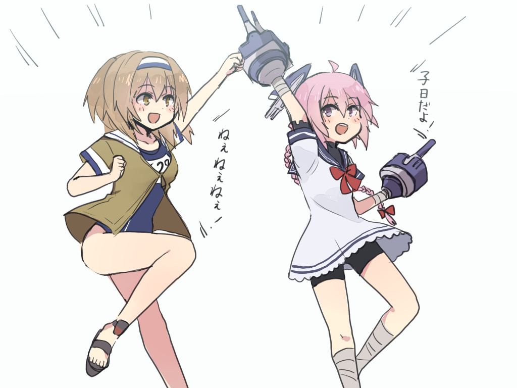 2girls annin_musou arm_wrap bangs blonde_hair blush_stickers bow braid brown_eyes cannon dress hair_between_eyes hairband hand_up headgear i-26_(kantai_collection) kantai_collection knee_up leg_wraps long_hair multiple_girls nenohi_(kantai_collection) open_mouth pink_eyes pink_hair rigging sailor_dress sandals school_swimsuit school_uniform short_hair short_sleeves sketch smile swimsuit swimsuit_under_clothes translated white_background