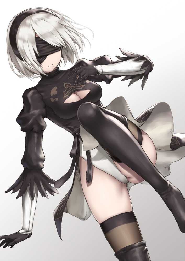 1girl android black_dress black_gloves black_hair black_legwear blindfold boots breasts brown_legwear cleavage cleavage_cutout closed_mouth covered_eyes cowboy_shot dress gauntlets gloves hair_over_one_eye hairband heijialan juliet_sleeves leg_up leotard leotard_under_clothes long_sleeves medium_breasts mole mole_under_mouth nier_(series) nier_automata puffy_sleeves short_dress short_hair side_slit silver_hair solo standing standing_on_one_leg thigh-highs thigh_boots vambraces white_leotard yorha_unit_no._2_type_b