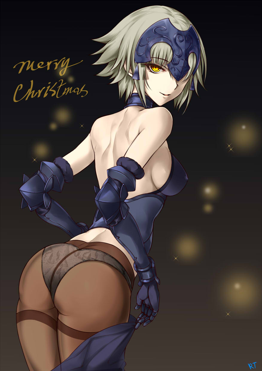 1girl ass back bare_shoulders black_legwear black_panties blonde_hair breasts erect_nipples fate/grand_order fate_(series) gauntlets helmet highres jeanne_alter looking_at_viewer panties panties_under_pantyhose pantyhose ruler_(fate/apocrypha) short_hair sideboob smile solo thighband_pantyhose tonyxx50 underwear yellow_eyes