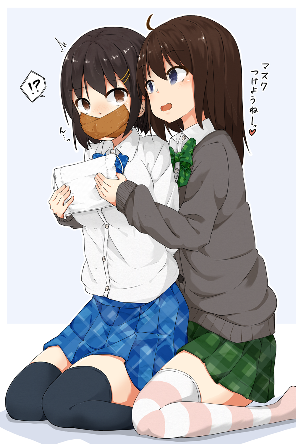 !? 2girls ahoge arms_behind_back blue_eyes bow brown_eyes commentary gag gagged hair_ornament hairclip heart highres hoojiro_(found1093) improvised_gag kneeling mask multiple_girls original plaid plaid_skirt skirt speech_bubble spoken_interrobang striped striped_legwear surgical_mask tape tape_gag thigh-highs