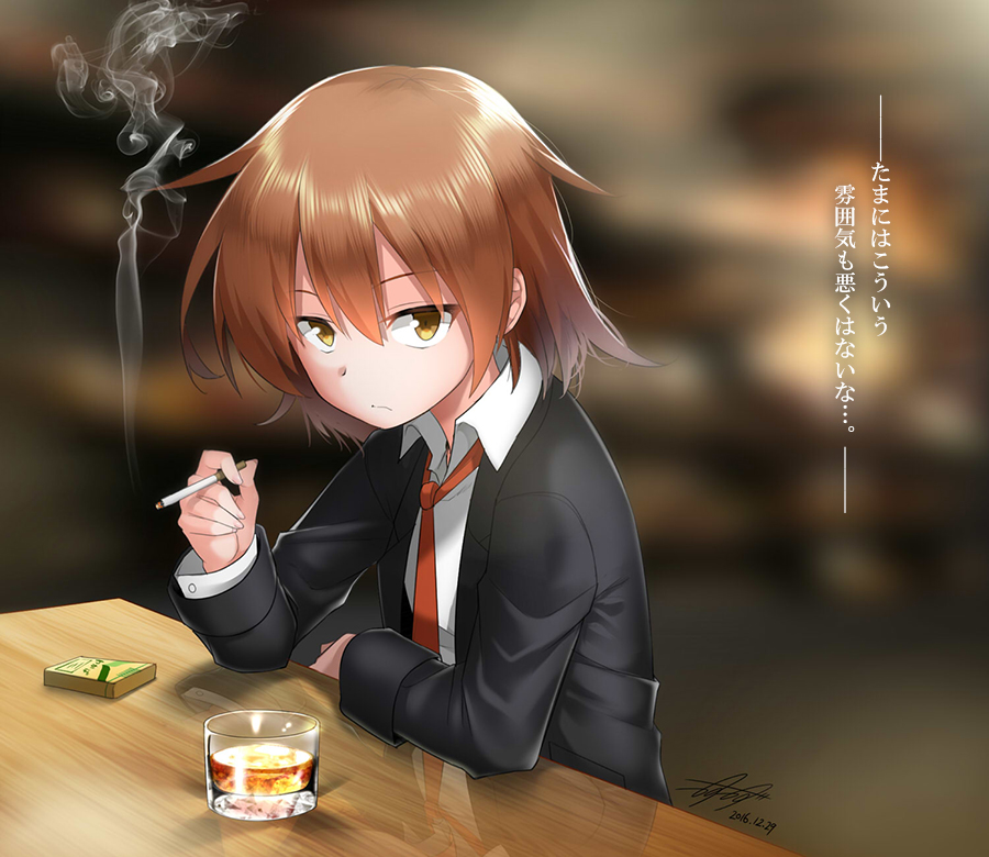 1girl alcohol bar blazer blurry brown_eyes brown_hair cigarette cigarette_box collared_shirt dated depth_of_field elbow_rest expressionless jacket kantai_collection kasu_kazu looking_at_viewer namesake necktie reflection shirt short_hair signature smoking solo translation_request wakaba_(kantai_collection) whiskey