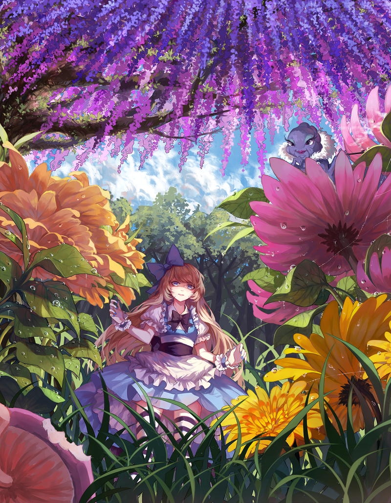 1girl alice_(wonderland) alice_in_wonderland black_bow black_legwear blonde_hair blue_bow blue_dress blue_nails blue_skirt bow character_request colorful commentary day dress fingernails flower flower_request forest grass hair_bow horizontal-striped_legwear kanekiru leaf lilac long_hair looking_at_viewer minigirl nail_polish nature orange_flower outdoors pink_flower puffy_short_sleeves puffy_sleeves purple_flower shaded_face short_sleeves skirt solo standing thigh-highs tree two-tone_legwear water_drop white_legwear wrist_cuffs yellow_flower