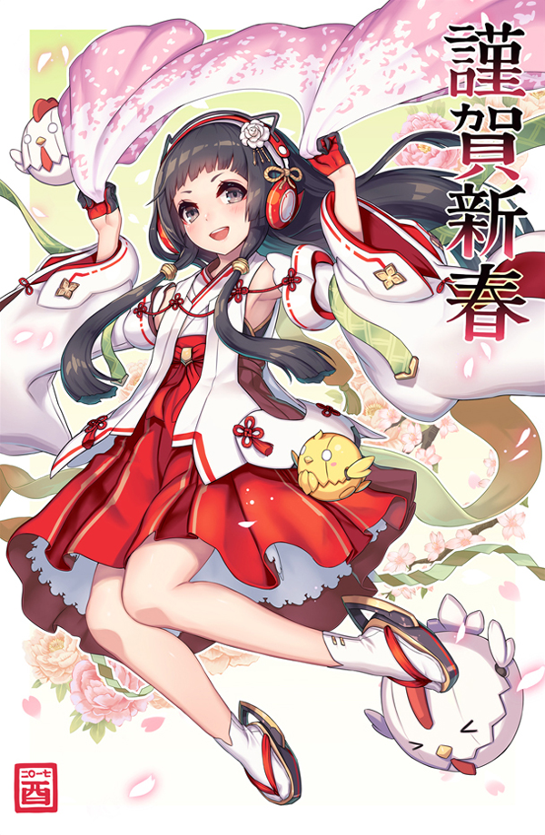 &gt;_&lt; 1girl 2017 2d bangs bird black_hair blush brown_eyes chick chicken closed_eyes detached_sleeves floating_hair floral_background gloves hakama_skirt happy_new_year headphones high-waist_skirt holding long_hair looking_at_viewer mechanical nengajou new_year nontraditional_miko open_mouth original petals petticoat pleated_skirt red_gloves red_skirt sandals short_gloves skirt smile socks solo tabi teeth translated white_background white_legwear wide_sleeves year_of_the_rooster