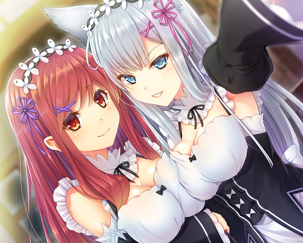 2girls alternate_costume animal_ears bangs bare_shoulders black_dress blue_eyes breast_press breasts cleavage cosplay detached_collar detached_sleeves dress dutch_angle enmaided erun_(granblue_fantasy) eyebrows_visible_through_hair frilled_sleeves frills granblue_fantasy hair_ornament headdress henriette_(shingeki_no_bahamut) korwa light_smile lips long_hair looking_at_viewer maid maid_headdress md5_mismatch medium_breasts mihamimo multiple_girls parted_lips purple_ribbon ram_(re:zero) ram_(re:zero)_(cosplay) re:zero_kara_hajimeru_isekai_seikatsu reaching_out red_eyes redhead rem_(re:zero) rem_(re:zero)_(cosplay) ribbon ribbon-trimmed_clothes ribbon_trim shingeki_no_bahamut silver_hair swept_bangs symmetrical_docking tsurime underbust upper_body wide_sleeves x_hair_ornament