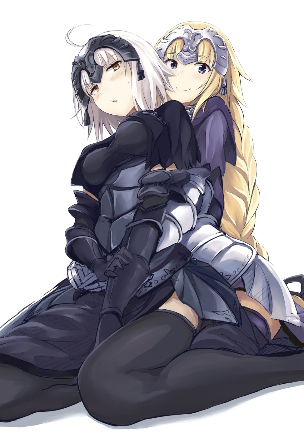 2girls ahoge armor bangs behind_another black_gloves black_legwear blonde_hair blue_eyes blue_legwear blush braid breasts chains closed_mouth commentary dutch_angle elbow_gloves eyebrows_visible_through_hair fate/apocrypha fate/grand_order fate_(series) faulds gauntlets gloves headpiece highres hika_(hikara) hug hug_from_behind jeanne_alter large_breasts long_hair looking_at_viewer multiple_girls parted_lips ruler_(fate/apocrypha) short_hair simple_background single_braid sitting smile sweatdrop thigh-highs wariza white_background white_hair yellow_eyes
