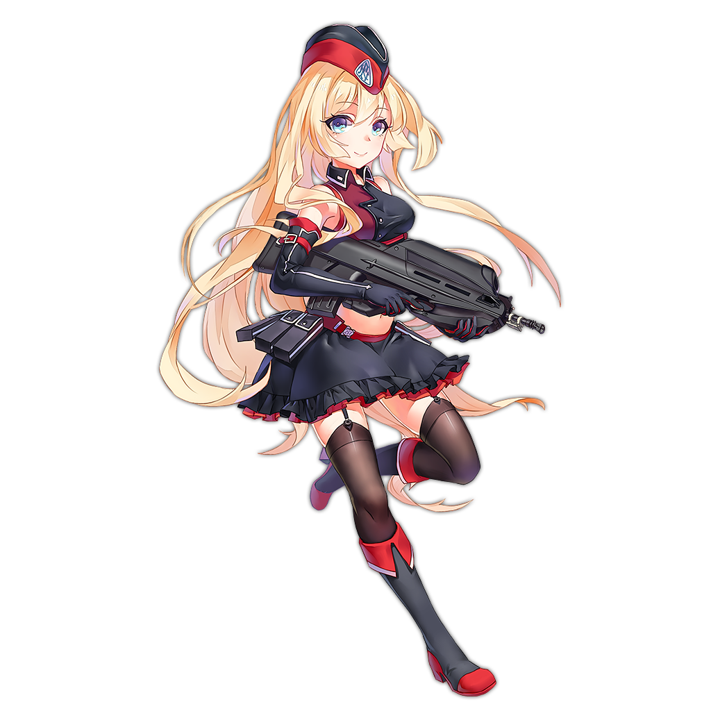 1girl assault_rifle blonde_hair blue_hair bullpup detached_sleeves eyebrows eyebrows_visible_through_hair f2000_(girls_frontline) fn_f2000 full_body garter_belt girls_frontline gun holding holding_gun holding_weapon holster long_sleeves looking_at_viewer navel official_art personification rifle solo thigh-highs transparent_background trigger_discipline weapon