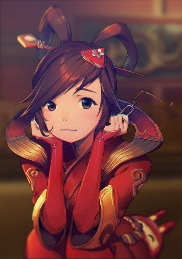 1girl alternate_costume bangs blurry blurry_background blush brown_eyes brown_hair closed_mouth commentary dress drone elbow_gloves eyelashes glasses glasses_removed gloves hair_ornament hair_rings hair_stick hands_on_own_cheeks hands_on_own_face holding holding_glasses kneeling long_sleeves looking_at_viewer machinery mei_(overwatch) overwatch red_dress red_gloves robot satchely short_hair sitting smile snowball_(overwatch) solo swept_bangs upper_body