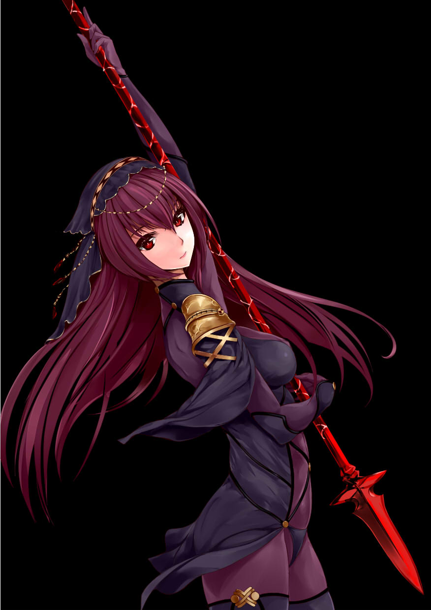 1girl armor back black_background bodysuit breasts fate/grand_order fate_(series) female gae_bolg highres holding holding_weapon long_hair looking_at_viewer purple_hair red_eyes scathach_(fate/grand_order) shoulder_armor simple_background solo tonyxx50 weapon