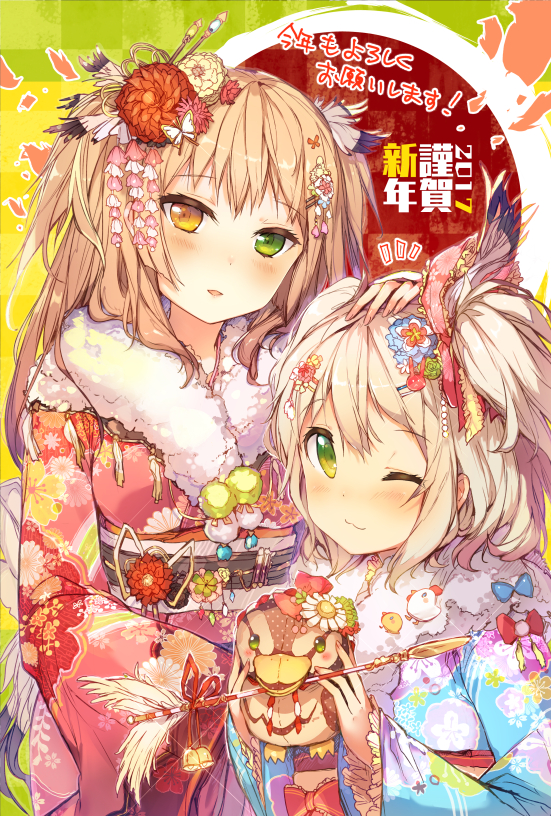 2017 2girls ;3 animal arrow bird blonde_hair blue_kimono blush breasts camomi chick chicken duck floral_print fur_collar green_eyes hair_ornament hairclip heterochromia holding_animal japanese_clothes kimono kotoyoro long_hair looking_at_viewer multiple_girls nengajou new_year obi one_eye_closed original parted_lips petting pink_kimono red_flower sash silver_hair smile two_side_up year_of_the_rooster yellow_eyes yellow_flower