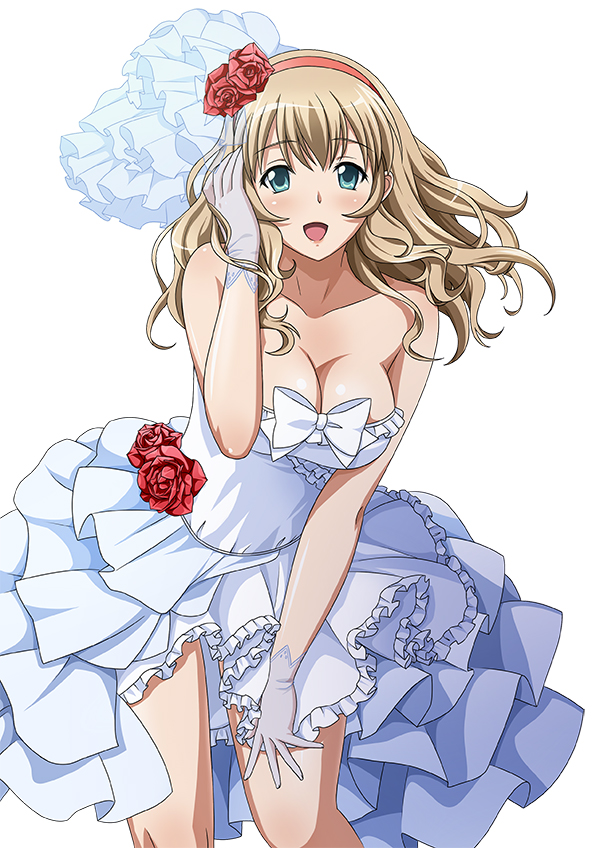 1girl aqua_eyes bare_shoulders breasts cleavage dress flower gloves hairband hand_to_head ikkitousen large_breasts light_brown_hair long_hair looking_at_viewer open_mouth simple_background solo sonken_chuubou strapless strapless_dress white_background white_dress