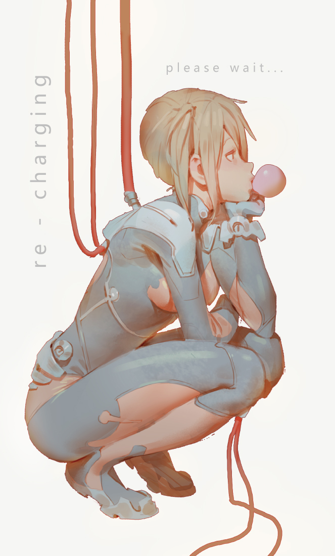 1girl blonde_hair bodysuit breasts brown_eyes bubble_blowing bubblegum cable cyborg elbow_pads from_side gloves grey_bodysuit gum hand_on_own_cheek hand_on_own_face hand_up knee_pads kneeling medium_breasts original short_hair sidelocks simple_background solo tim_loechner