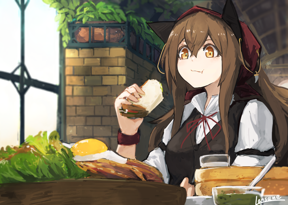 1girl animal_ears artist_name breasts brick_wall brown_eyes brown_hair brown_vest ceiling comic eating egg fantasy food glass holding holding_food kerchief lansane long_hair long_sleeves medium_breasts original sandwich shirt sidelocks silent_comic sitting sleeves_rolled_up solo table toast vest wall white_shirt window wolf_ears wristband
