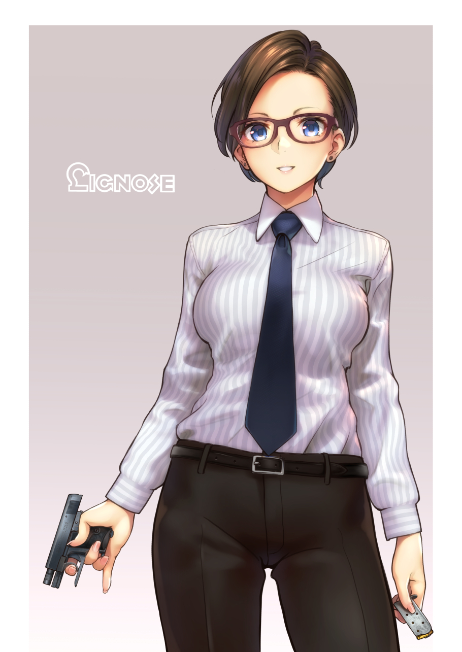 1girl arms_at_sides belt black_pants blue_eyes blue_necktie brown_eyes brown_hair collared_shirt cowboy_shot earrings eyelashes finger_on_trigger fingernails genso glasses gradient gradient_background gun handgun highres holding holding_gun holding_weapon jewelry lipstick long_sleeves looking_at_viewer magazine_(weapon) makeup necktie original pants pinky_out pistol shirt smile solo striped striped_shirt stud_earrings vertical-striped_shirt vertical_stripes weapon white_border