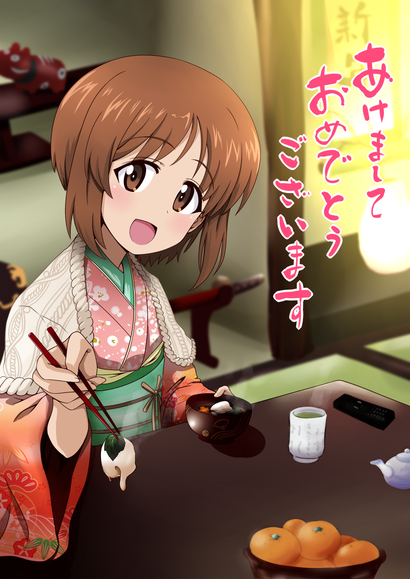 1girl akeome brown_eyes brown_hair chopsticks cup food fruit girls_und_panzer japanese_clothes kimono looking_at_viewer mandarin_orange mug nekota_susumu nengajou new_year nishizumi_miho open_mouth pink_kimono shawl short_hair table yunomi zouni_soup