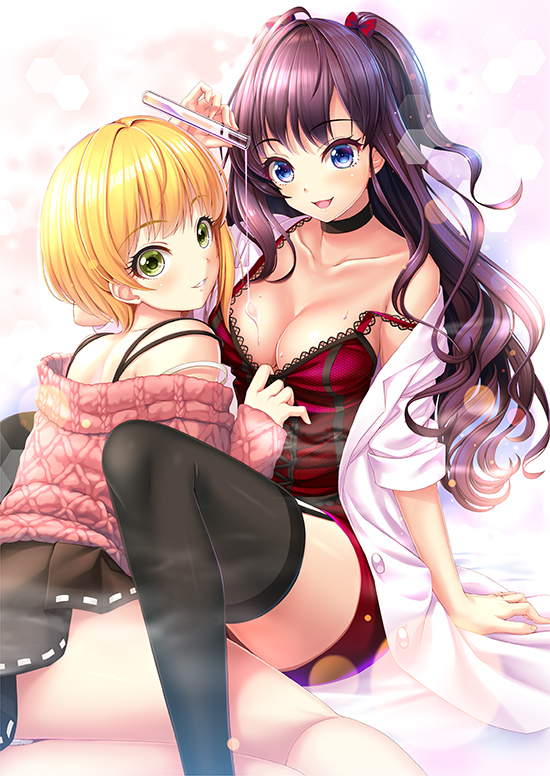 2girls :d ahoge arm_support back bangs bare_shoulders between_legs black_skirt blonde_hair blue_eyes blush bow breasts brown_hair buttons choker cleavage collarbone cross-laced_footwear eyebrows_visible_through_hair eyelashes fingernails garter_straps glass green_eyes hair_bow hexagon holding ichinose_shiki idolmaster idolmaster_cinderella_girls knees_up lace_trim lens_flare light_particles liquid long_hair long_sleeves looking_at_viewer miniskirt miyamoto_frederica multiple_girls nomura_teruya off_shoulder open_labcoat open_mouth panties pantyshot pink_sweater pleated_skirt pouring pulled_by_another red_bow red_shorts ribbon-trimmed_skirt shiny shiny_hair shirt_pull short_hair shorts sitting skirt sleeves_folded_up sleeves_past_wrists smile spaghetti_strap strap_slip sweater test_tube thigh-highs transparent two_side_up unbuttoned underwear wavy_hair white_legwear yokozuwari