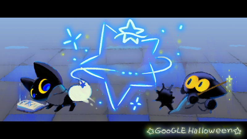animal animal_ears artist_self-insert black_hat blue_eyes book cat cat_ears cat_tail floor google halloween hat holding letterboxed magic momo_(google_doodle) no_humans open_book robe sparkle star tail take_(illustrator) text tile_floor tiles wand yellow_sclera