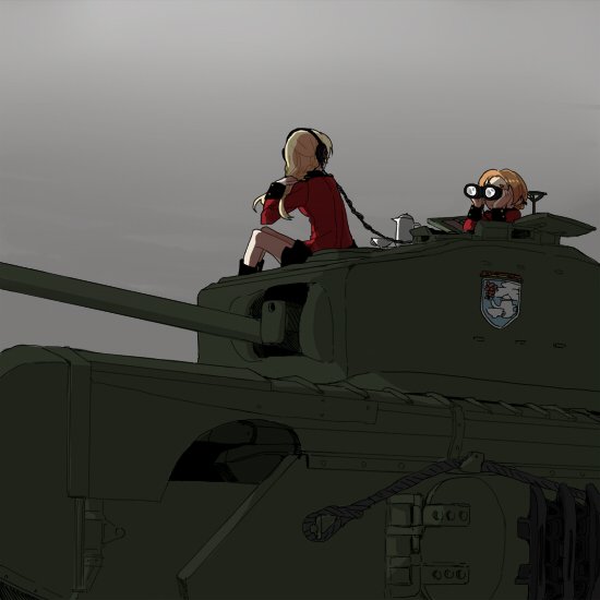 2girls binoculars blonde_hair churchill_(tank) cup darjeeling girls_und_panzer grey_background ground_vehicle headset long_hair military military_vehicle motor_vehicle multiple_girls orange_pekoe ree_(re-19) tank teacup teapot