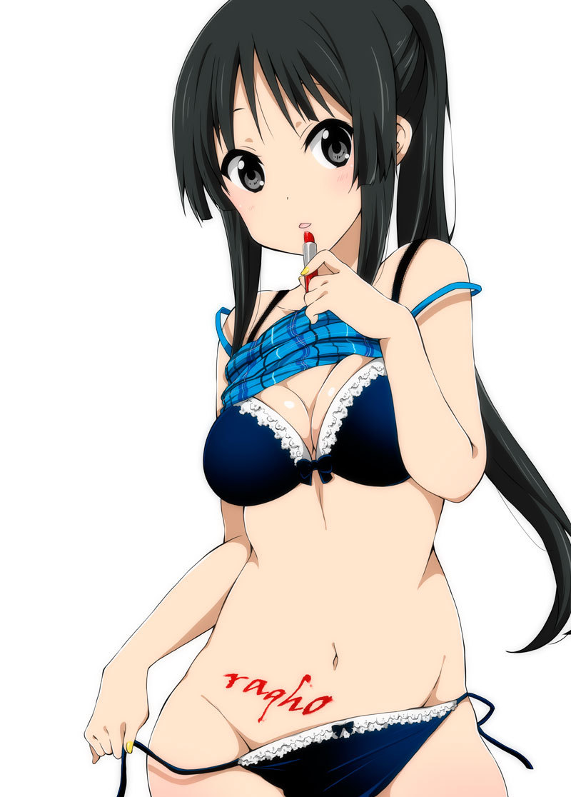 1girl akiyama_mio applying_makeup artist_name bangs black_hair blue_bow blue_bra blue_nails blue_panties blush bow bow_panties bra breasts camisole cleavage cowboy_shot grey_eyes holding holding_lipstick k-on! lipstick long_hair looking_at_viewer makeup medium_breasts nail_polish navel panties parted_lips ponytail ragho_no_erika shirt_lift side-tie_panties signature simple_background solo strap_slip underwear underwear_only untied white_background