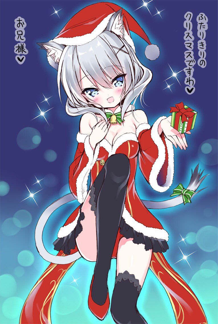 1girl animal_ears black_legwear blue_eyes blush breasts cat_ears cat_tail character_request christmas cleavage detached_sleeves dokidoki_sister_aoi-chan dress hat leg_lift open_mouth original outstretched_hand panties red_panties santa_costume santa_hat shoes short_dress short_hair silver_hair smile solo strapless strapless_dress tail takahashi_tetsuya thigh-highs underwear upskirt