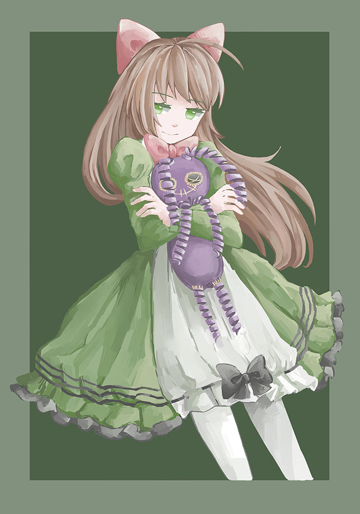 1girl :&gt; ahoge border bow bowtie brown_hair closed_mouth crossed_arms dress elisabeth_faust fausts_alptraum featherwings24 green_background green_dress hair_bow juliet_sleeves long_hair long_sleeves object_hug outside_border pantyhose puffy_sleeves red_bow red_bowtie simple_background solo stuffed_animal stuffed_toy very_long_hair white_legwear