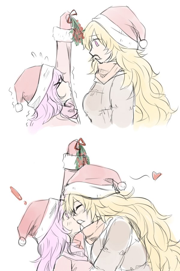 ! &gt;_&lt; 2girls artist_request blonde_hair christmas closed_eyes coat fake_mustache hat height_difference kiss mistletoe multiple_girls neo_(rwby) pink_hair rwby santa_hat scarf violet_eyes yang_xiao_long yuri