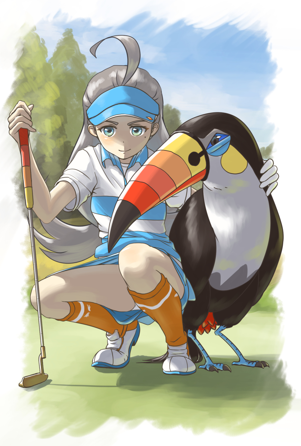 1girl ahoge akatsuki_no_akatsuki bird blue_eyes blue_hat blue_skirt blush closed_mouth collared_shirt day elite_four gloves golf_club grass grey_hair hat highres holding kahili_(pokemon) long_hair looking_at_viewer miniskirt mole mole_under_eye orange_legwear outdoors panties pantyshot pantyshot_(squatting) pencil_skirt pokemon pokemon_(creature) pokemon_(game) pokemon_sm shirt shoes short_sleeves single_glove skirt smile sneakers solo squatting striped striped_shirt toucan toucannon tree underwear visor_cap white_gloves white_panties