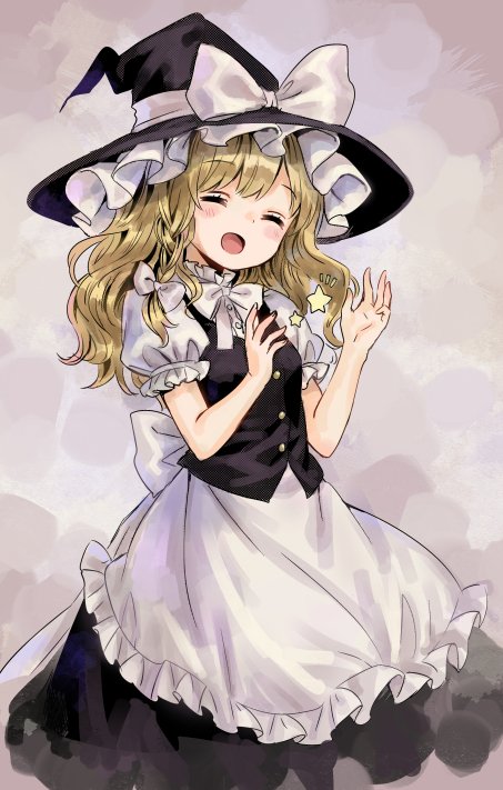 /\/\/\ 1girl ^_^ ama-tou apron blonde_hair blush blush_stickers bow bowtie braid buttons closed_eyes collar collared_shirt commentary cowboy_shot eyelashes frilled_apron frilled_hat frilled_shirt_collar frilled_sleeves frills hair_ornament hair_ribbon hat hat_bow kirisame_marisa long_hair open_mouth puffy_short_sleeves puffy_sleeves ribbon shiny shiny_hair shirt short_sleeves single_braid smile solo star touhou waist_apron wavy_hair white_shirt witch_hat