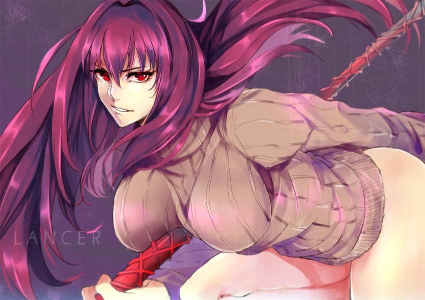 1girl artist_request between_breasts bottomless bottomless_female breasts commentary_request english fate/grand_order fate_(series) gae_bolg holding holding_weapon large_breasts long_hair looking_at_viewer no_panties polearm purple_hair pvc_parfait red_eyes ribbed_sweater scathach_(fate/grand_order) solo spear sweater thighs type-moon weapon