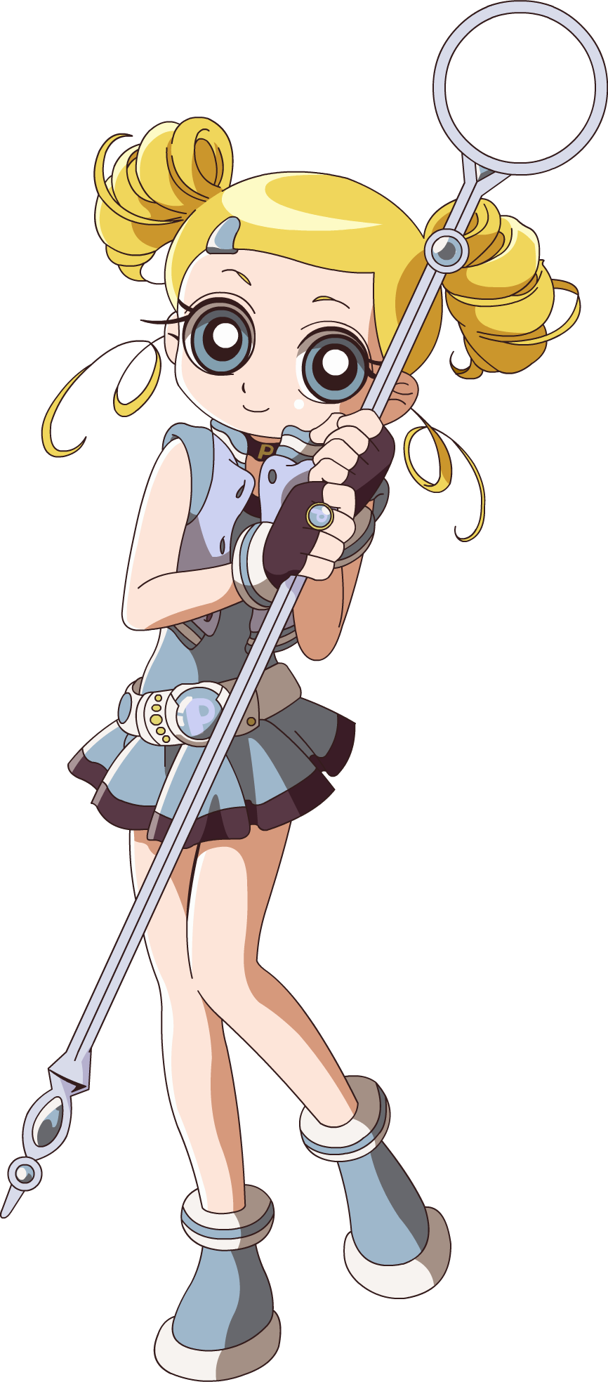 1girl :) belt blonde_hair blue_eyes bubble_wand chocker demashita!_powerpuff_girls_z dress fingerless_gloves gotokuji_miyako highres jacket leg_bent looking_at_viewer ring rolling_bubbles simple_background smile solo tagme