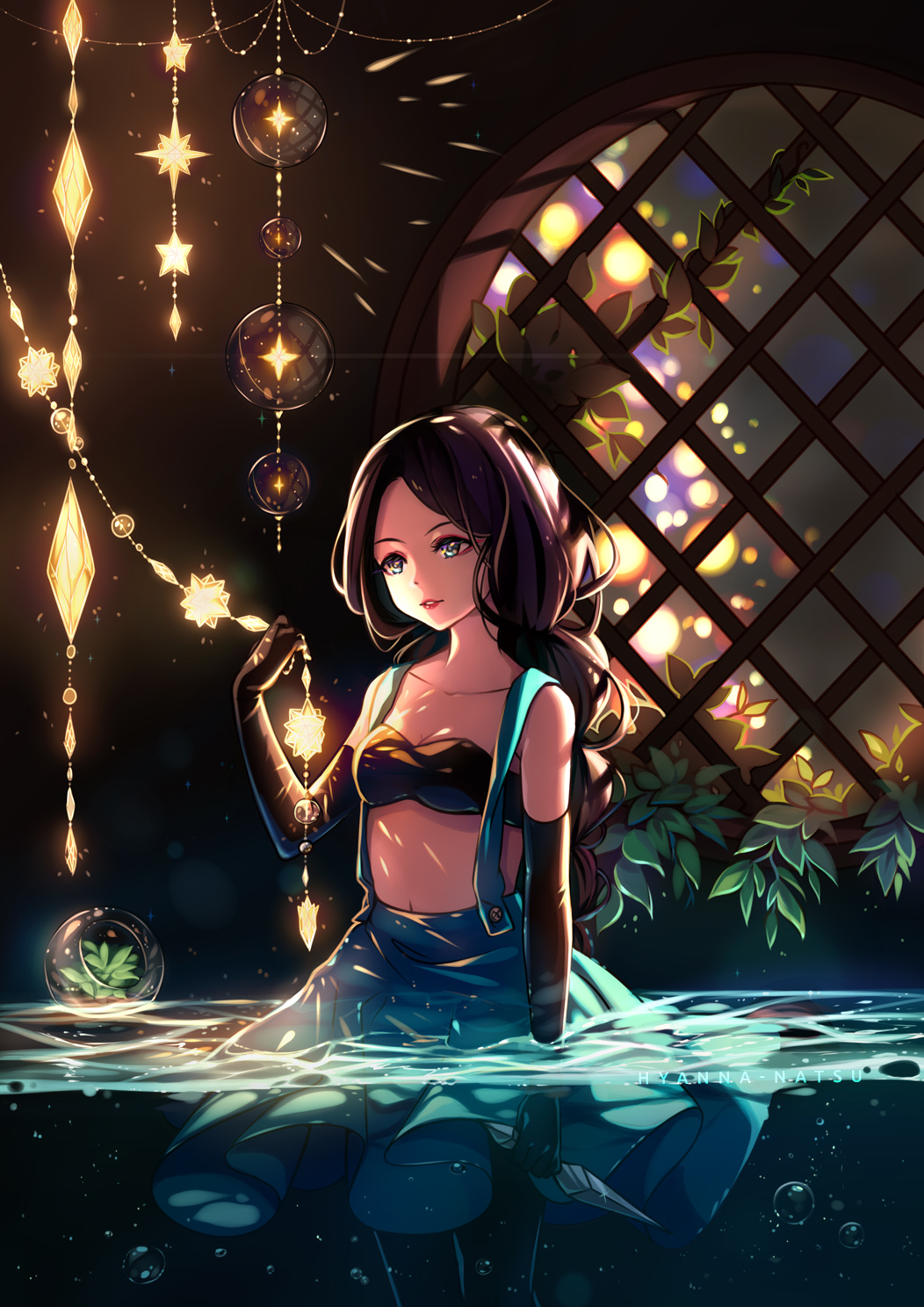 1girl afloat air_bubble artist_name bandeau bare_shoulders black_gloves black_legwear blurry borrowed_character breasts brown_hair cleavage collarbone cowboy_shot elbow_gloves gloves highres holding holding_weapon hyanna-natsu kunai light long_hair navel original pantyhose parted_lips partially_submerged plant red_lips skirt small_breasts solo sparkle standing star stomach strapless suspender_skirt suspenders very_long_hair water water_surface weapon window