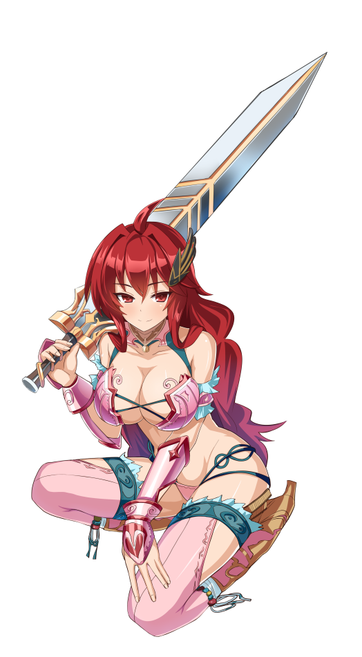 1girl armor bikini_armor breasts cleavage female full_body hair_ornament holding holding_sword holding_weapon kisaragi_setsuna kure_masahiro large_breasts long_hair official_art red_eyes redhead revealing_clothes simple_background smile solo sword valkyrie_drive valkyrie_drive_-siren- weapon white_background