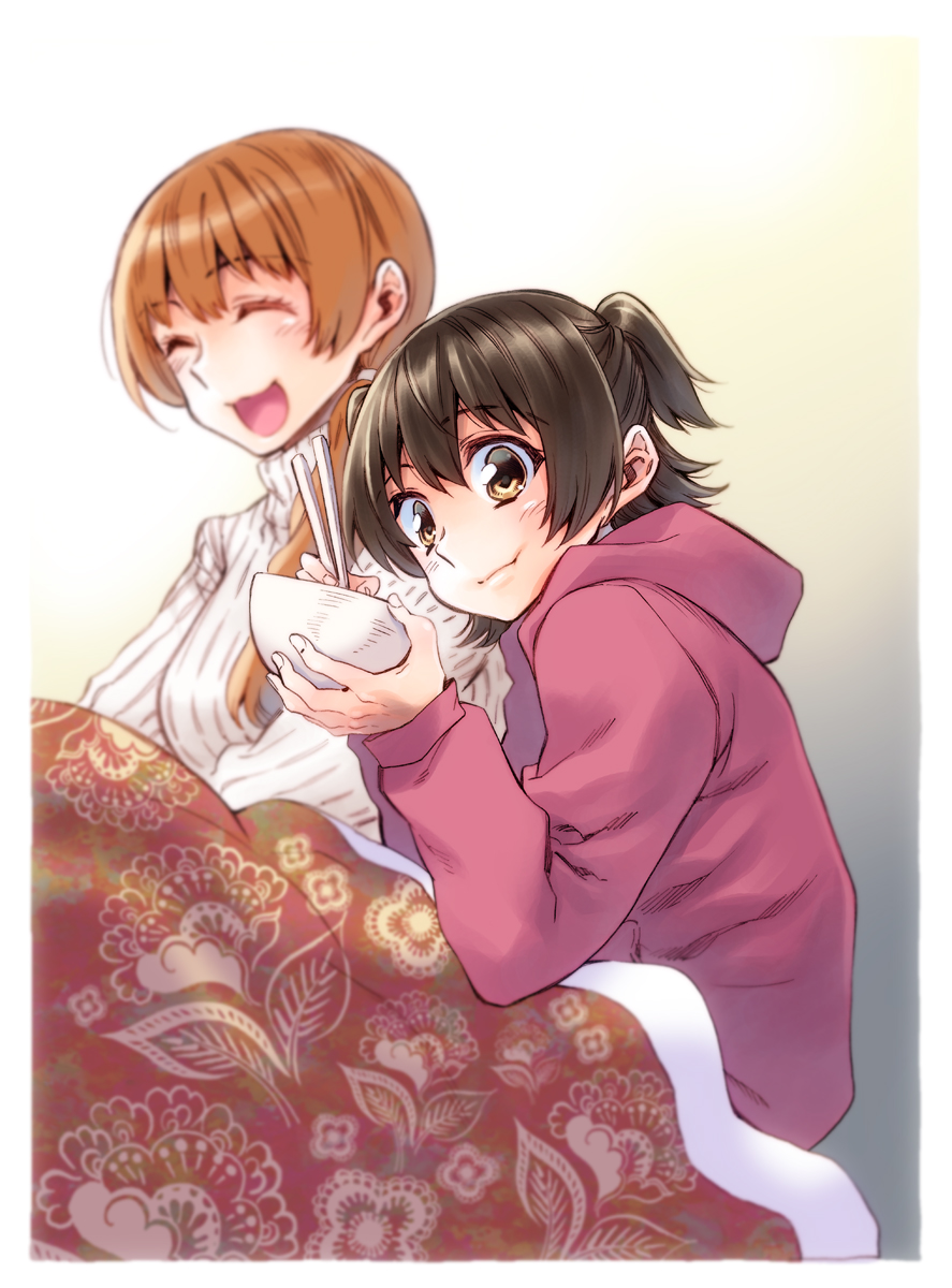 2girls akagi_miria bowl brown_hair chopsticks closed_eyes eating highres hood hoodie idolmaster idolmaster_cinderella_girls kotatsu long_hair moroboshi_kirari multiple_girls smile table takanashi_ringo