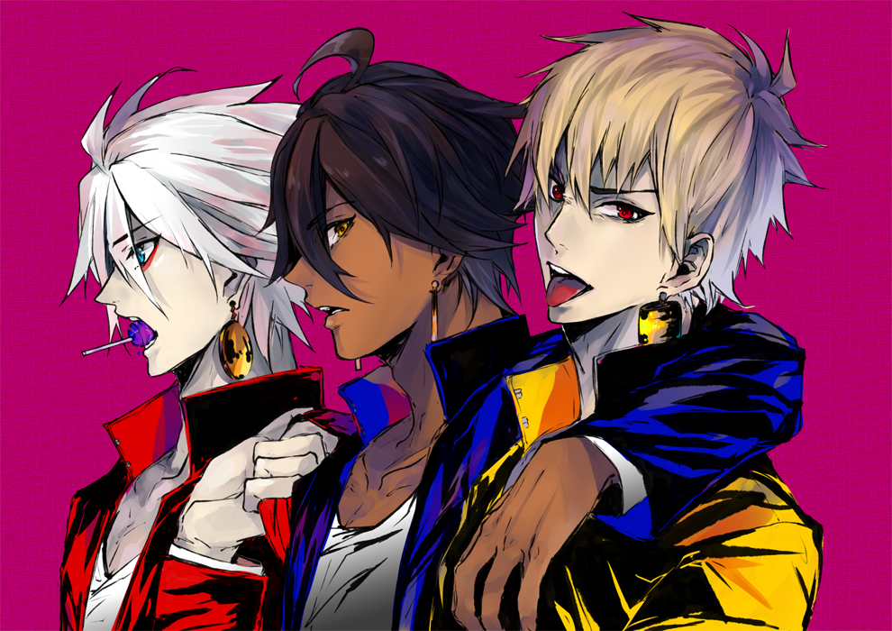3boys alternate_costume arm_over_shoulder blue_jacket candy dark_skin dark_skinned_male earrings fate/apocrypha fate/grand_order fate/prototype fate/prototype:_fragments_of_blue_and_silver fate/stay_night fate_(series) food gilgamesh jacket jewelry karna_(fate) lollipop looking_at_viewer magenta_background male_focus multiple_boys multiple_earrings pvc_parfait red_jacket rider_(fate/prototype_fragments) shirt t-shirt tongue tongue_out yellow_jacket