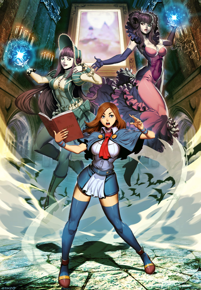 3girls blue_capelet blue_eyes blue_legwear blue_thighhighs bonnet book bow breasts brown_hair candle capelet casting_spell castlevania castlevania:_portrait_of_ruin charlotte_aulin cleavage collared_shirt elbow_gloves female fighting_stance floating frills full_body genzoman gloves hat heterochromia holding holding_book indoors large_breasts long_hair looking_at_viewer loretta_lecarde magic miniskirt multiple_girls necktie open_book open_mouth pale_skin purple_hair red_eyes red_necktie red_neckwear shoes siblings sisters skirt stella_lecarde thigh-highs thighhighs twins wristband zettai_ryouiki
