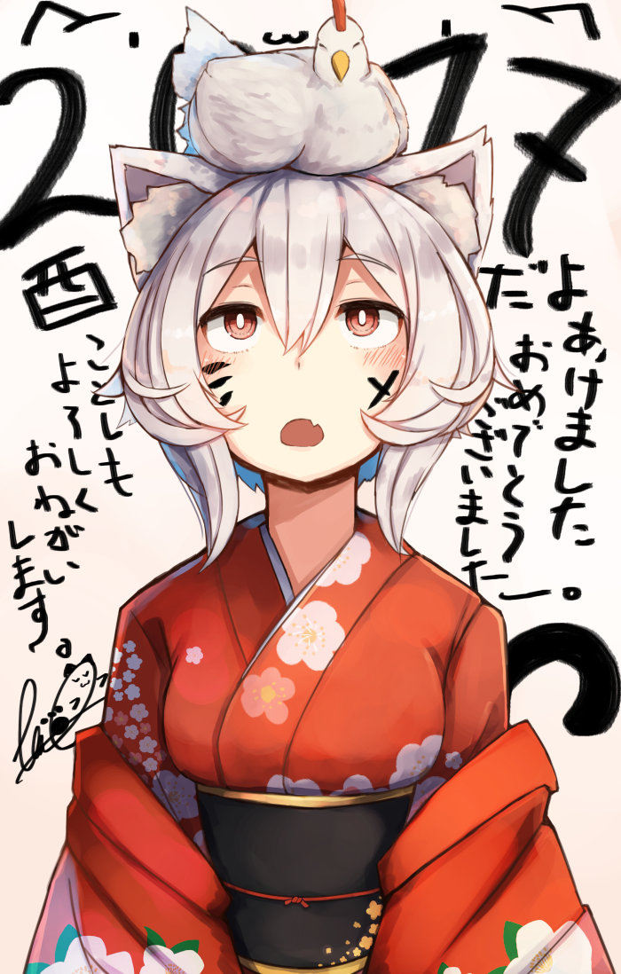 1girl 2017 :3 akeome animal animal_ears artist_name bangs bird blush breasts cat cat_ears cat_girl cat_tail chicken chicken_on_head commentary_request eyebrows_visible_through_hair facepaint fang floral_print gradient gradient_background hair_between_eyes japanese_clothes kimono kotoyoro looking_at_another looking_up medium_breasts new_year obi open_mouth original plan_(planhaplalan) red_kimono sash short_hair_with_long_locks signature silver_hair solo tail upper_body white_background year_of_the_rooster