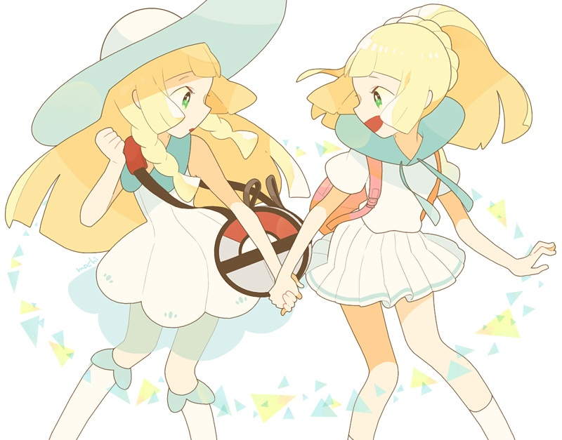 2girls backpack bag blonde_hair dress duffel_bag female green_eyes hand_holding hat multiple_girls pokemon pokemon_(game) pokemon_sm skirt white_background white_dress white_skirt