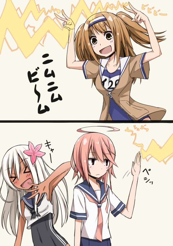 &gt;_&lt; ahoge closed_eyes energy_beam flower hair_flower hair_ornament hairband hibiscus hirayama_(hirayamaniwa) i-26_(kantai_collection) i-58_(kantai_collection) kantai_collection light_brown_eyes light_brown_hair long_hair name_tag neckerchief new_school_swimsuit open_clothes pink_hair red_eyes ro-500_(kantai_collection) sailor_collar school_swimsuit school_uniform serafuku short_hair smile swimsuit swimsuit_under_clothes translated two-tone_hairband two_side_up unamused