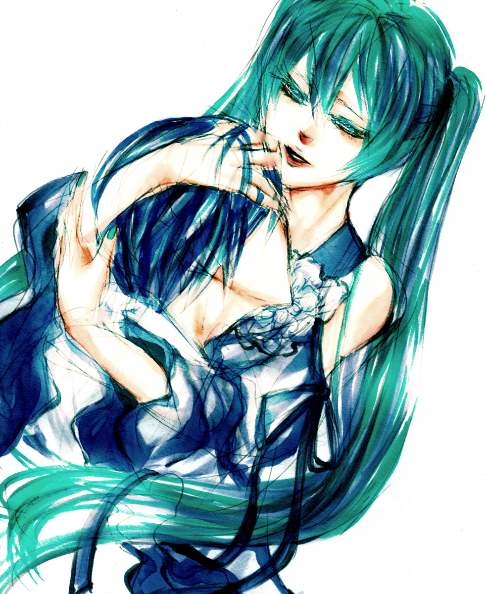 1boy 1girl aqua_hair aqua_nails blue_hair death evillious_nendaiki hands_on_another's_head hatsune_miku highres holding_head hug husband_and_wife kaito long_hair looking_down marker_(medium) mourning nagori nail_polish nemurase_hime_kara_no_okurimono_(vocaloid) ribbon short_hair traditional_media twintails very_long_hair vocaloid